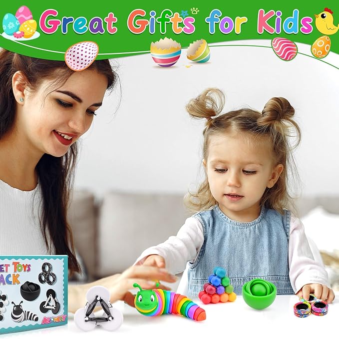 Fidget Toys Adults Pack, Sensory Toys Set for Kids, Fidget Spinner Slug Magnetic Rings, Cool Gadget Gift for Girls Boys Teens ADHD Autism Stress Relief Desk Toy Easter Basket Stuffers