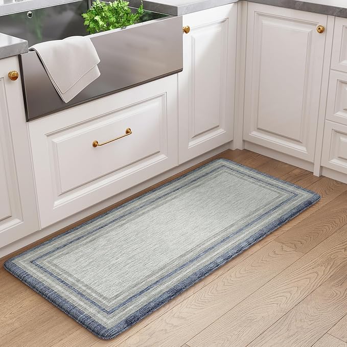 KIMODE Anti Fatigue Kitchen Mat, Cushioned Boho Oriental Kitchen Runner, Non Slip Waterproof Kitchen Mat for Floor, Comfort Foam Standing Desk Mat for Laundry, Office, Sink Blue and Grey 20"x39"