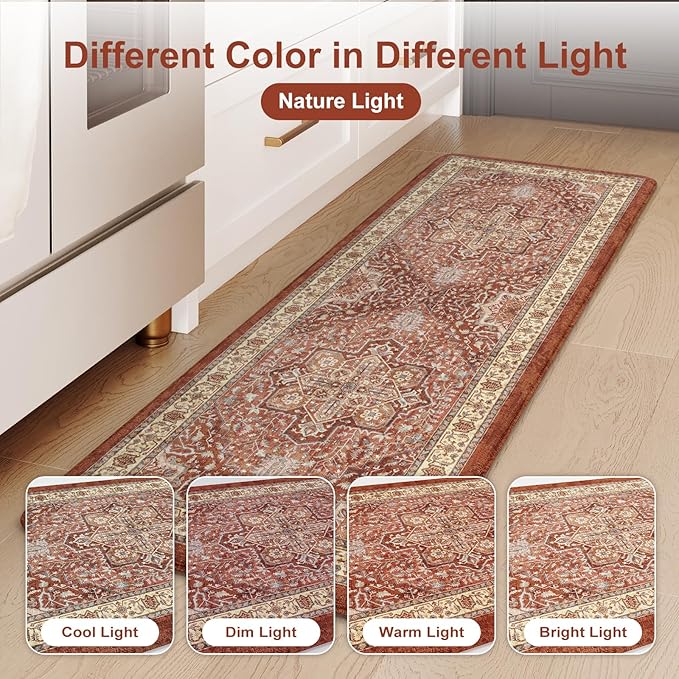 KIMODE Anti Fatigue Fall Kitchen Mats, Boho Distressed Kitchen Floor Mats 17"x47"+17"x29", Non Slip Waterproof Kitchen Rugs, Padded Comfort Standing Mats for Laundry, Office, Sink, Desk Orange Multi