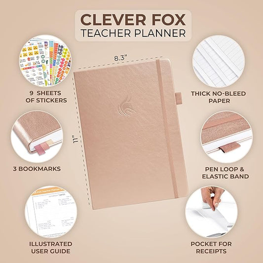 Clever Fox Teacher Planner – School Year Planner with Calendars & Lesson Plans – Book for Classroom & Homeschool Organization, A4 (Rose Gold)