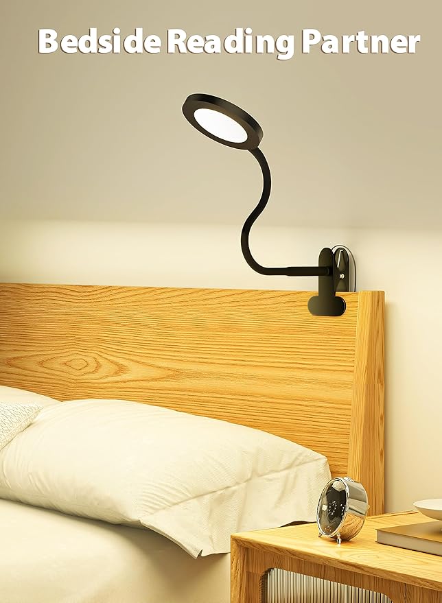 deeloop Clip on Light Infinite Dimmable Reading Lights for Books in Bed Headboard, 450LM Touch Control Clip Reading Lamp, Eye Care 3 Color Temperature Flexible Gooseneck for Bedside Night Light Black