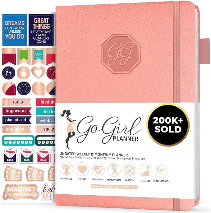 GoGirl Planner and Organizer for Women – Compact Size Weekly Planner, Goals Journal & Agenda to Improve Time Management, Productivity & Live Happier. Undated – Start Anytime, Lasts 1 Year – Peach Pink