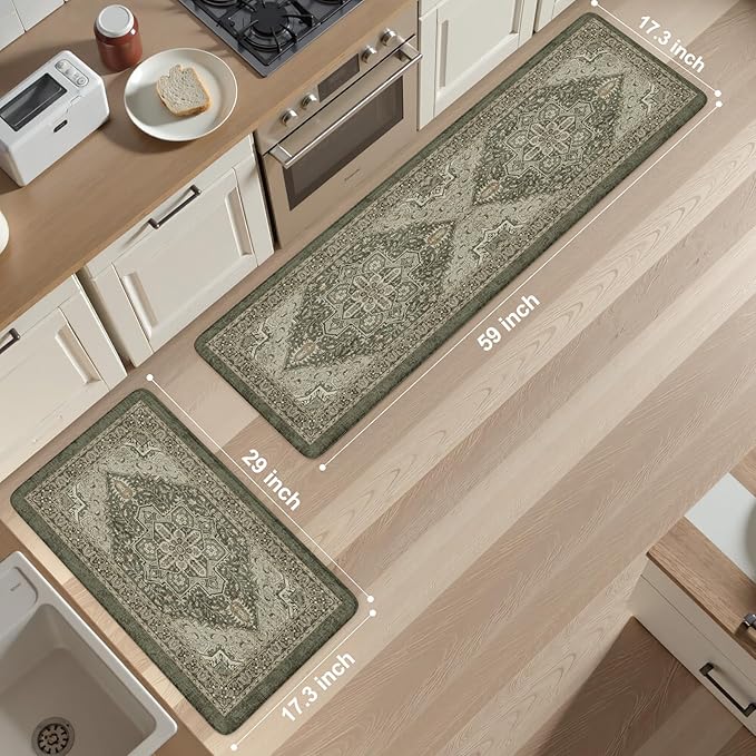 KIMODE Kitchen Mats Cushioned Anti Fatigue, Boho Distressed Kitchen Rugs Sets of 2, Non Slip Kitchen Floor Mat, Comfort Standing Mat for Laundry, Office, Sink, Desk Dark Green 17"x59"+17"x29"