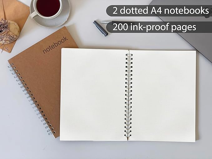 le vent 2-Pack A4 Dot Grid Spiral Notebooks - 8.5 x 11 Dotted Journals with 200 Pages of Premium 100gsm Thick Ink-Proof Paper - Large Bullet Journal for Writing, Sketching, and Work
