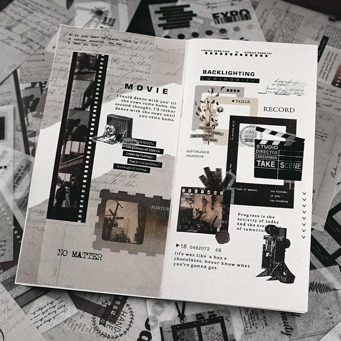 Dizdkizd Washi Stickers Book for Journaling, Vintage Scrapbook Ephemera with 180pcs Film Stickers and 20 Adhesive Scrapbooking Papers, Junk Journaling Supplies