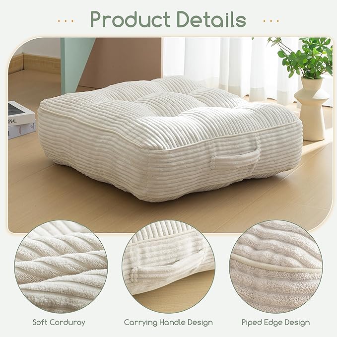 6" Washable Floor Pillow Cushion for Adults, Meditation Cushion Pillow, Large Square Floor Sitting, Removable Tufted Corduroy Cover, for Tatami Living Room or Yoga, 22x22 Inch, 2Pack, Machine Washable