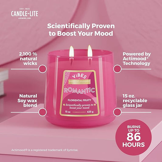 Candle-Lite Vibes Floriental Fruity Mood-Enhancing Scented Candles, 15 oz Jar, Aromatherapy, Proudly Poured in The USA, 2-Wick, 86 Hours Burn Time, Perfect Relaxation Gift