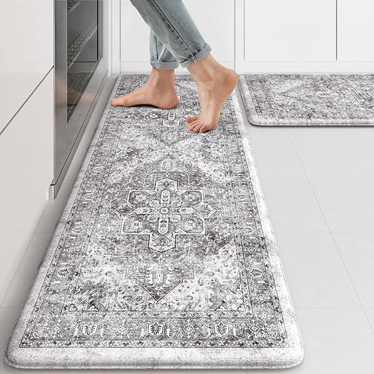 KIMODE Anti Fatigue Kitchen Mats, 2 PCS Cushioned Kitchen Rugs and Mats, Waterproof Kitchen Floor Mats Non Slip, Boho Comfort Foam Standing Mat for Laundry, Office, Sink, Grey Brown 17"x47"+17"x29"