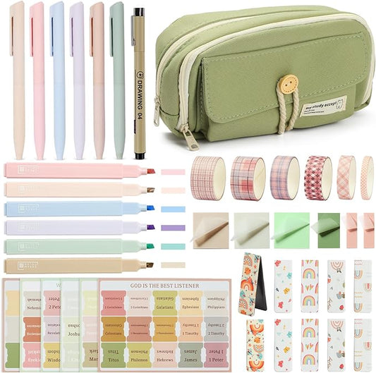 Bible Journaling Kit, Bible Highlighters and Pens, Laminated Bible Tabs, Sticky Notes, Pencil Case, Bible Study Supplies for Women Men Office School, Back to School Gifts (Muted Color)