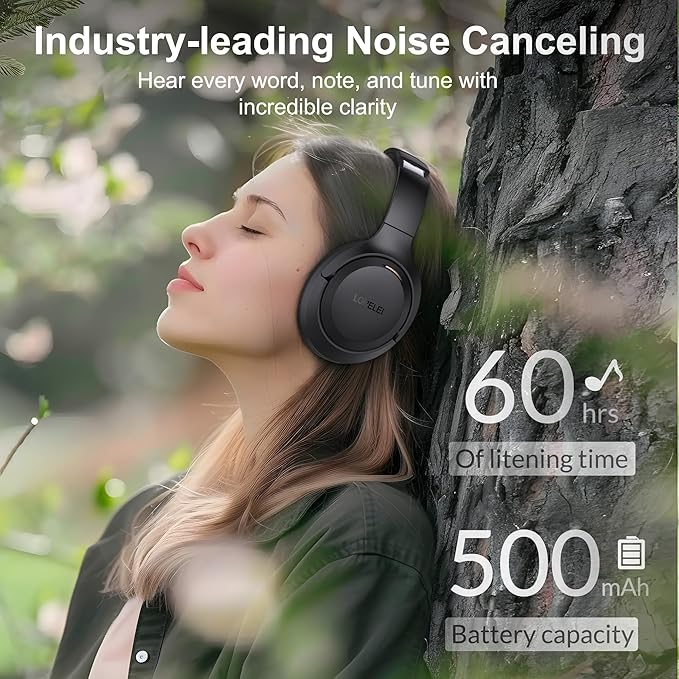 LORELEI QC60 Hybrid Active Noise Cancenlling Headphones,Wireless Over Ear Bluetooth Headsets with Microphone, 60H Playtime Foldable Lightweight, Deep Bass, Memory Earmuffs, for Travel Home Office