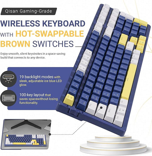 Qisan Wireless/Wired Mechanical Keyboard, Triple Mode 2.4G/USB-C/BT Wireless Gaming Keyboard, 100 Keys (98%) US Layout Brown Switch Rechargeable Ice Blue Backlit Keyboards | Blue & Yellow & White
