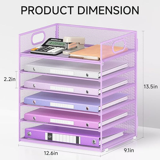 6 Tiers Letter Tray Paper Organizer with Handle, Mesh Desk File Organizer, Metal Desktop Document Shelf Organization, Paper Sorter Organizer for Office, Home or School File Folder Holder - Purple