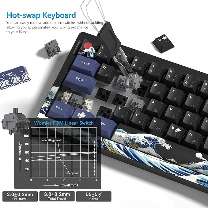 Womier 60% Percent Keyboard Wireless with QMK/VIA, Gaming Keyboard Black, Creamy Mechanical Key Board, RGB Custom Hot Swappable with PBT Keycaps for Windows & Mac-POM Linear Switch (Q61-Kanagawa)