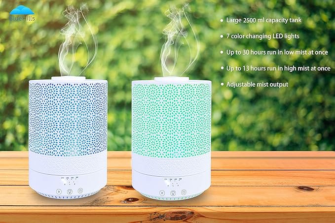 BlueHills 2500 ML XL Essential Oil Diffuser Aroma Humidifier with Timer for Large Home Decor Baby Rooms Big Huge 2.5 L Capacity Long Run Color Changing Lights Decorative Design High Mist White- F002