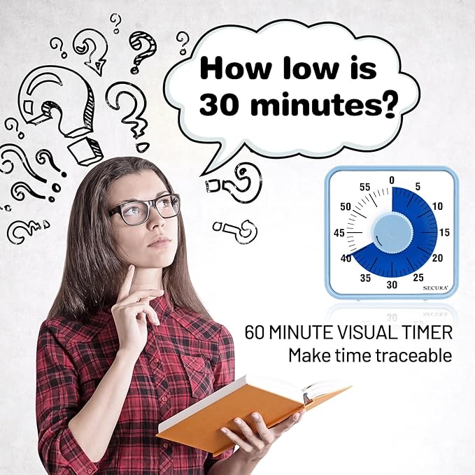 Secura 7.5 Inch Visual Timer, 60 Minute Visual Oversize Countdown Timer for Kids and Adults, Durable Mechanical Time Management Tool (Navy Blue)
