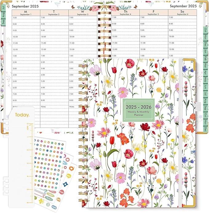 2025-2026 Appointment Book, Academic Planner 18 Months Weekly and Monthly (July 2025 - December 2026), 8.5"x11" Daily Hourly Planner 60-Minute time Slots, Spiral Calendar Schedule Book for Work School Teacher Student, Wildflower Garden