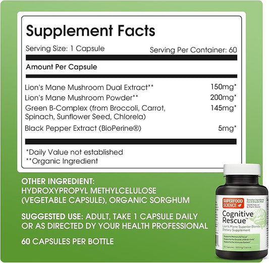 Cognitive Rescue, Lion's Mane Mushroom Capsules w/ Lion's Mane Dual Extract, Nootropics, Brain Supplement for Memory and Focus, Mushroom Immune Support w/ B Vitamins Complex, BioPerine, 60 capsules