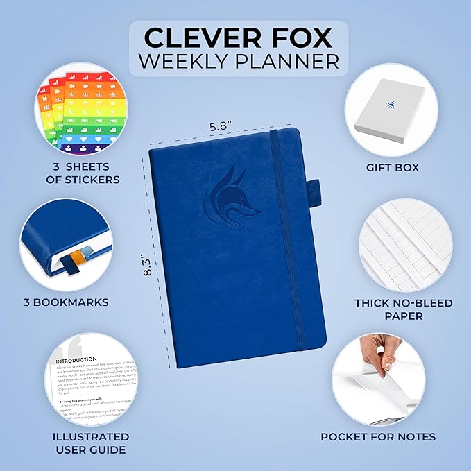 Clever Fox Planner – Undated Weekly & Monthly Planner for Productivity, Time Management & Goals – Organizer Journal – A5 (Royal Blue)