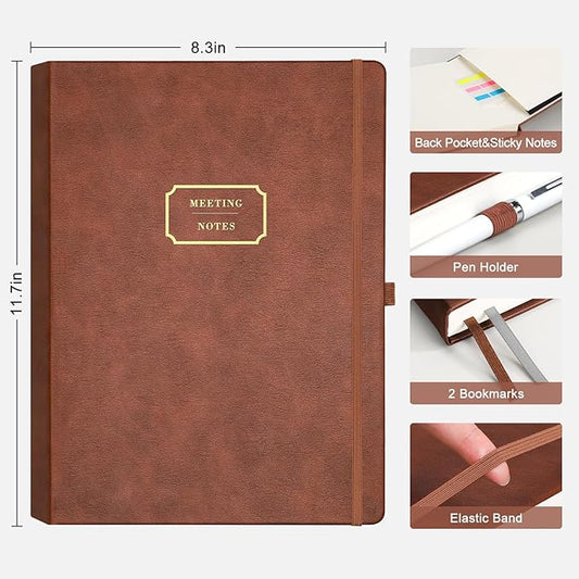 EMSHOI Meeting Notebook for Work with Action Items - 240 Pages A4 Large Project Planner Agenda Organizer Work Notebook for Women Men Office Business Notes, PU Leather Hardcover, 8.5" x 11", Coffee