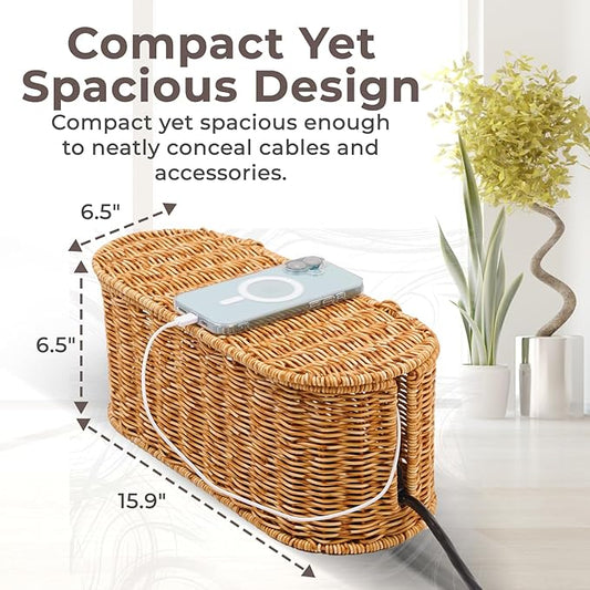 Cable Management Box, Handmade Rattan Cable Organizer, 2 Open Slots Cords Hider Box, Under Desk Cord Organizer for Computer Router USB Hub & Power Strip, Patent Pending, 15.9" x 6.5" x 6.5", Natural