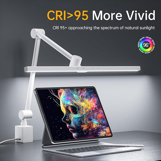 deeloop 2-Arms Swing Long LED Desk Lamp with Clamp, CRI 95+ Eye-Caring Light, USB Charging Output, 2-Hour Timer, Dimmable Desk Light with Memory, Architect Desk Lamps for Home Office Reading &Monitor