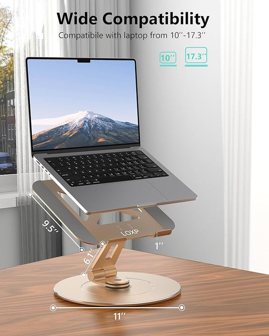 Ultra-Stable Aluminumy Swivel Laptop Stand for Desk with Rotating Foldable Phone Holder, 300% Large Base Stability, Anti-Loosening,Suitable for 10"-17.3" Laptops, Champagne Golden