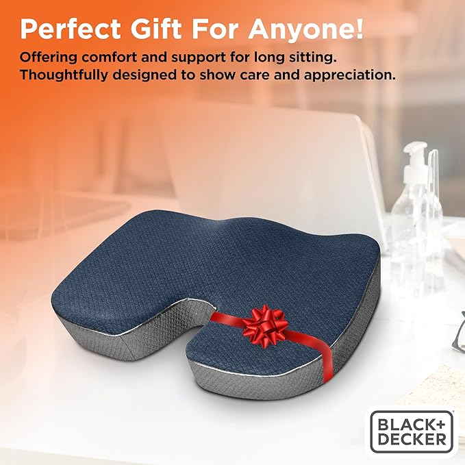 BLACK+DECKER Quilted Knit Memory Foam Seat Cushion U Seat Cushion for Office Chair, Car, Wheelchair & Airplane – Ergonomic, Pain Relief, Non-Slip Backing, Washable Cover, Blue/Grey