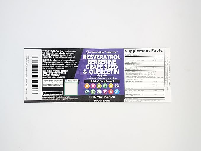 Clean Resveratrol Supplement | Berberine Grape Seed Extract Quercetin Green Tea Extract Acai Noni Polyphenol Supplement for Women & Men Anti Aging N-Acetyl Cysteine NAD Booster