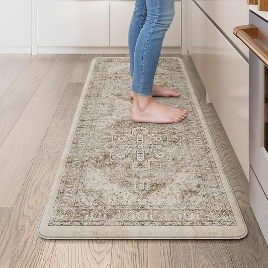 KIMODE Anti Fatigue Kitchen Mat 20"x39", Padded Kitchen Floor Mats Non Slip, Waterproof Cushioned Floral Kitchen Runner, Farmhouse Comfort Standing Mat for Laundry, Office, Sink, Desk Khaki