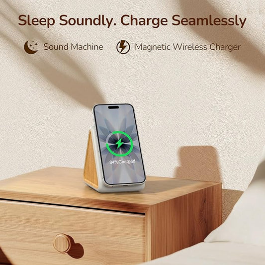 Housbay Sound Machine with Magnetic Wireless Charger for iPhone,2-in-1 Design for Clutter-Free Nightstand,Dual-Speaker Stereo Sound for Sleeping - White Oak
