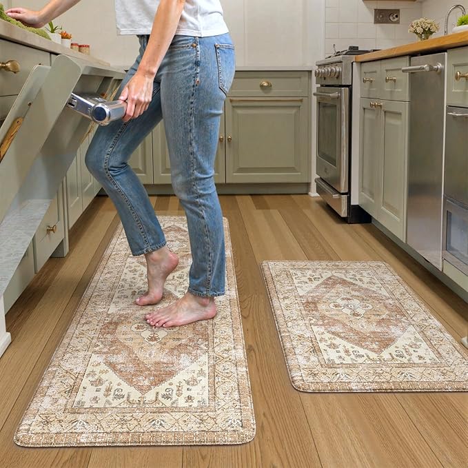 KIMODE Anti Fatigue Kitchen Mats for Floor 2 Piece 20"x59"+20"x32", Khaki Boho Distressed Kitchen Rugs, Non Slip Waterproof Kitchen Floor Mat, Comfort Foam Standing Mat for Sink Laundry Office Desk