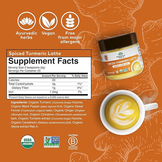 Organic India Spiced Turmeric Latte Powder - Golden Milk Mix, Authentic Blend, Gold Tea Drink, With Ginger and Cinnamon, Vegan, Ayurvedic Herbs, Caffeine Free, Zero Added Sugar - 3.52 Oz