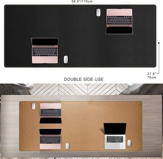 MAIDERN 66.9”x 27.5” Leather Desk Mat XL, Large Desk Pad, Reversible Cork & Leather Large Mouse pad for Desk, Waterproof Computer Desk Mat for Gaming Home Office (Black)
