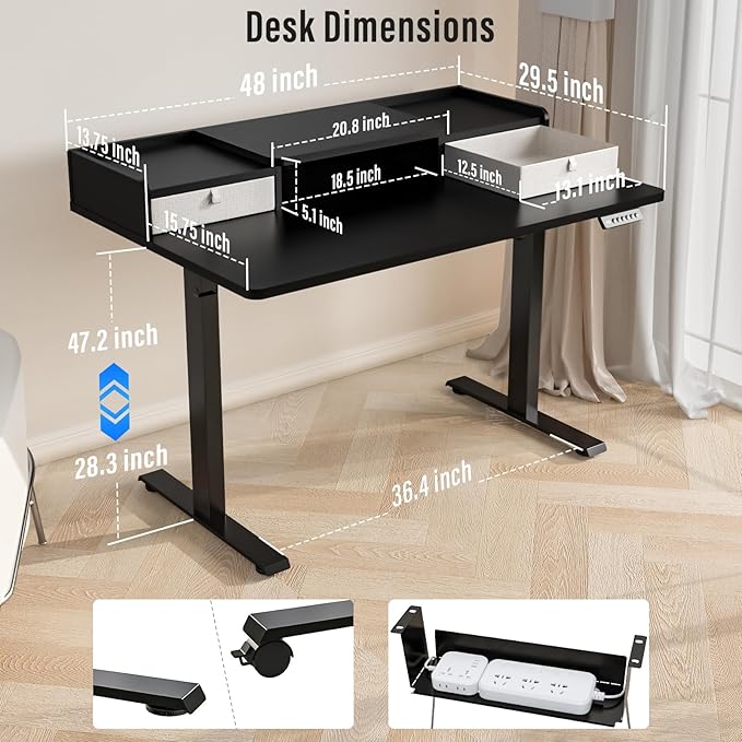 Kingant 48" x 30" Standing Desk with Drawers, Large Desktop, Ergonomic Sit Stand Desk for Home Office Work, Cable Management, 3 Preset Heights & 2 Hooks, Classic Black