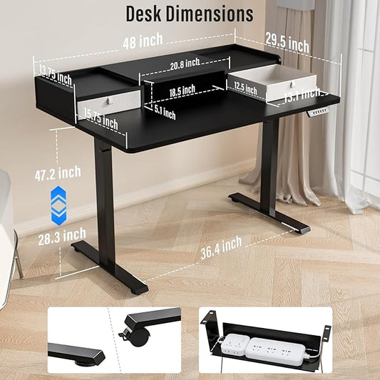 Kingant 48" x 30" Standing Desk with Drawers, Large Desktop, Ergonomic Sit Stand Desk for Home Office Work, Cable Management, 3 Preset Heights & 2 Hooks, Classic Black