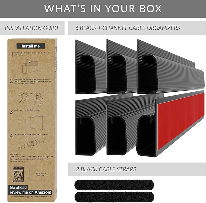 6 Pack Cable Management Under Desk- J Channel Cable Raceway 96in - 6X 16in Black No Screw/No Drill Cord Organizer - Cable Channels for Wire Management Under Desk with Adhesive