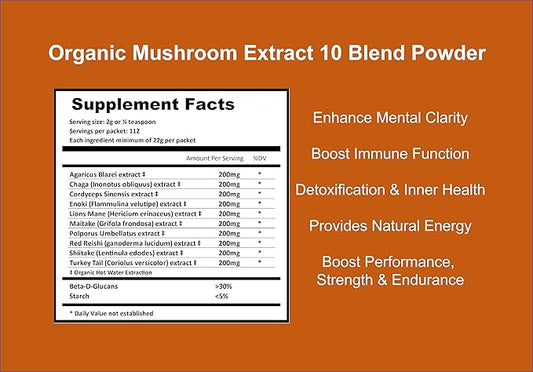 Mushroom Extract Powder - Powerful 10 Blend, Organic Lions Mane, Cordyceps, Reishi, Shiitake, Turkey Tail Mushrooms Nootropic Brain Supplement for Energy, Calm, Focus & Immune System Booster