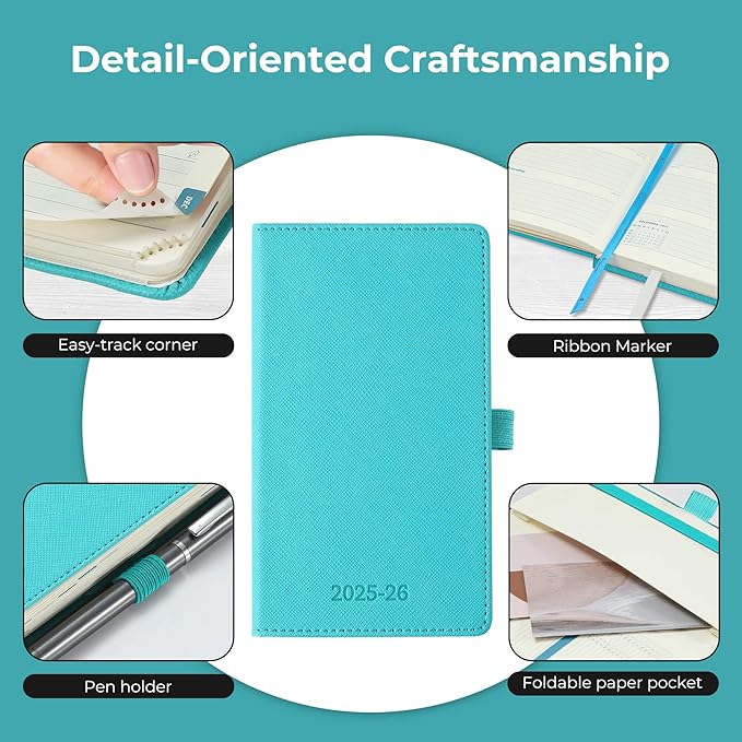 Weekly Monthly 2025-2026 Planner (July 25-Dec 26),6.5"x3.75",18 Months Agenda Plan with Month Tabs & Pocket,Expenses/Note Pages, Academic Calendar with Vegan Leather Cover,Light Blue