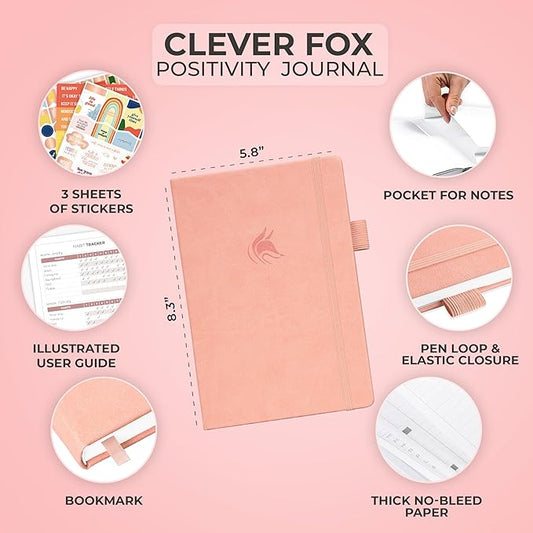Clever Fox Positivity Journal – Daily Gratitude & Affirmation with Prompts – Motivational Mental Health Notebook with Habit Tracker (Light Pink)