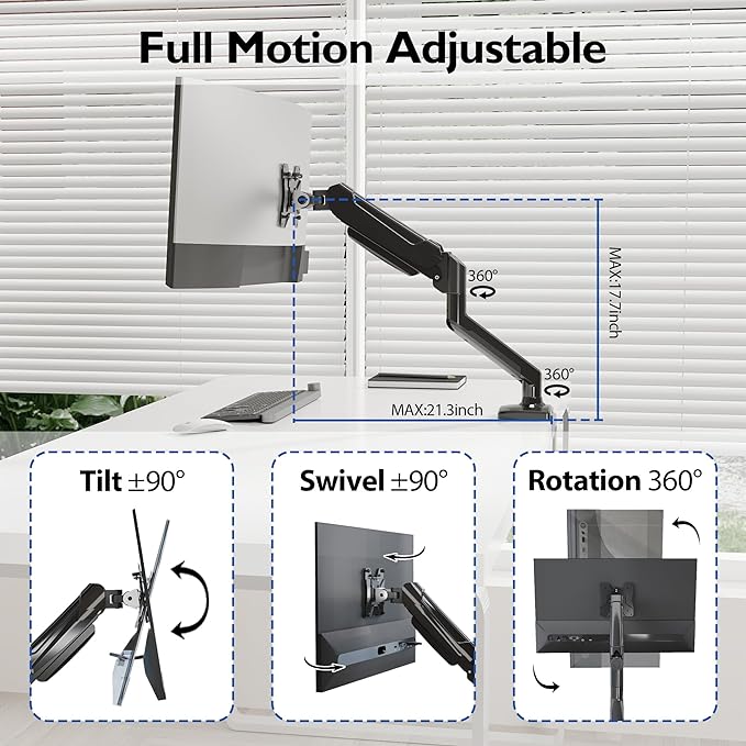 BONTEC Monitor Arm Desk Mount, Gas Spring Monitor Stand, Adjustable Full Motion VESA with C Clamp & Grommet Base, Supports 6.6-19.8lbs LCD/LED Tilt, Swivel, Rotation (Single Arm, 13-32 Inch)