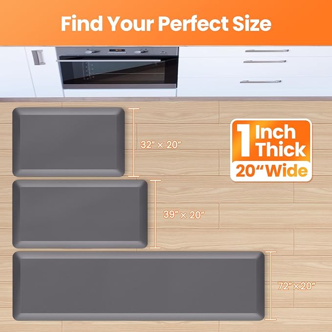 Kitchen Mats for Floor, 1 Inch Extra-Thick Kitchen Rugs, Non-Slip & Waterproof Standing Desk Mat, Comfort Anti Fatigue Mats for Kitchen Floor, Home, Sink, Office (20" X 72", Grey)