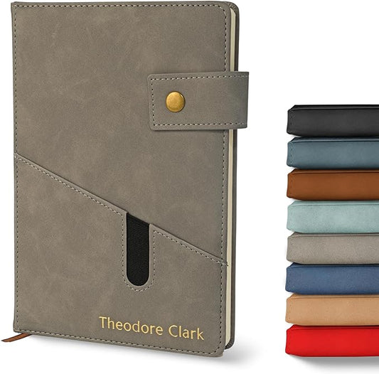 Promot Personalized Notebook - A5 Lined Leather Bound Journal for Writing Women Men - Hardcover Executive Notebook, Daily Journal, Travel Diary, Gift Idea, Custom Embossed Text with Gold Metallic Foil