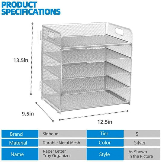 Letter Tray Paper Organizer 5-Tier Desk Organizer File Organizer Paper Holder with Handle, Metal Desktop Document Shelf Tray Office Classroom Organization - Silver