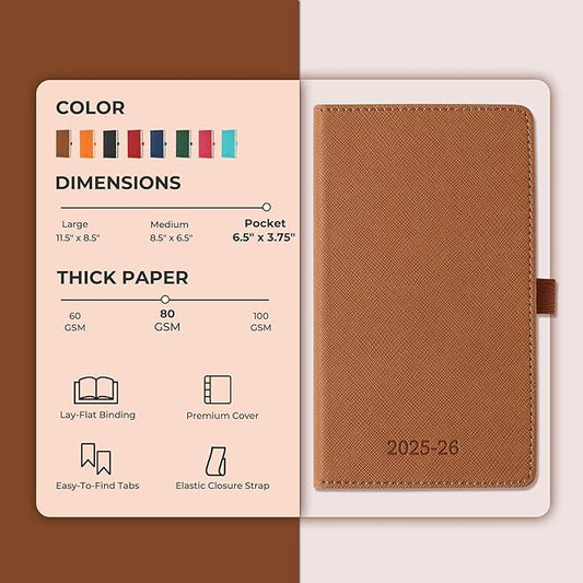Weekly Monthly 2025-2026 Planner (July 25-Dec 26),6.5"x3.75",18 Months Agenda Plan with Month Tabs & Pocket,Expenses/Note Pages, Academic Calendar with Vegan Leather Cover,Brown