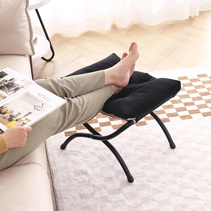 LITA Folding Upholstered Footrest Stool, Modern Small Portable Accent Ottoman with Detachable Thick Cotton Cushion Padded Sofa Stool with Metal Frame for Lazy Chair, Living Room & Bedroom, Black