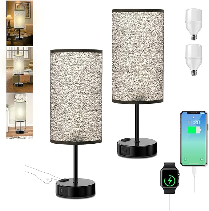 Table Lamp for Bedroom with Touch Control,Bedside Lamp with USB C+A Charging Ports& AC Outlets, Adjustable 3color LED Light for Home Decor/Nightstand/Bedroom/Office,Included Bulb and Fabric Lamp Shade