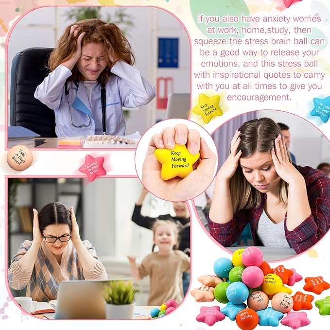 Aoriher 36 Pcs Motivational Stress Balls Quotes Inspirational Funny Colorful Foam Balls Hand Exercise Stress Relief Gifts for Office Small Anxiety Toys for Relief Motivating Supply (Star, Round)