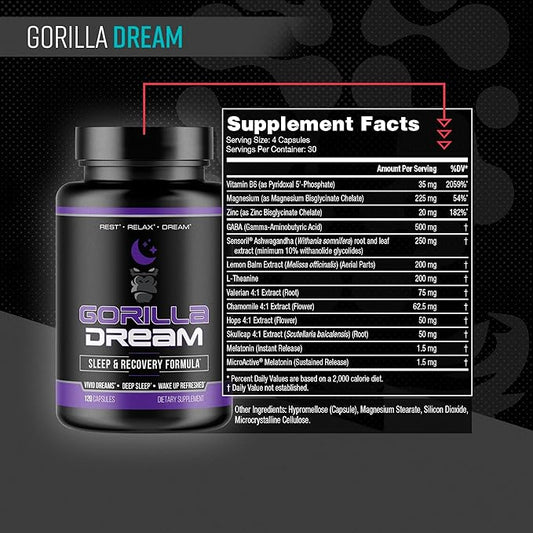 Gorilla Mind Dream Sleep Supplement (120 Capsules) - Nootropic Infused Comprehensive Sleep & Recovery Supplement - GABA, Melatonin, Valerian Root, Magnesium, L-Theanine, Sensoril, Ashwagandha & More