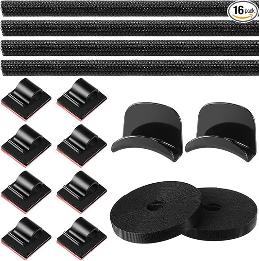 16 Pcs Cable Management Organizer Kit Include Retaining Wire Clips Wire Organizer Sleeve Cable Ties Headphone Hanger Holder for Computer (Black)