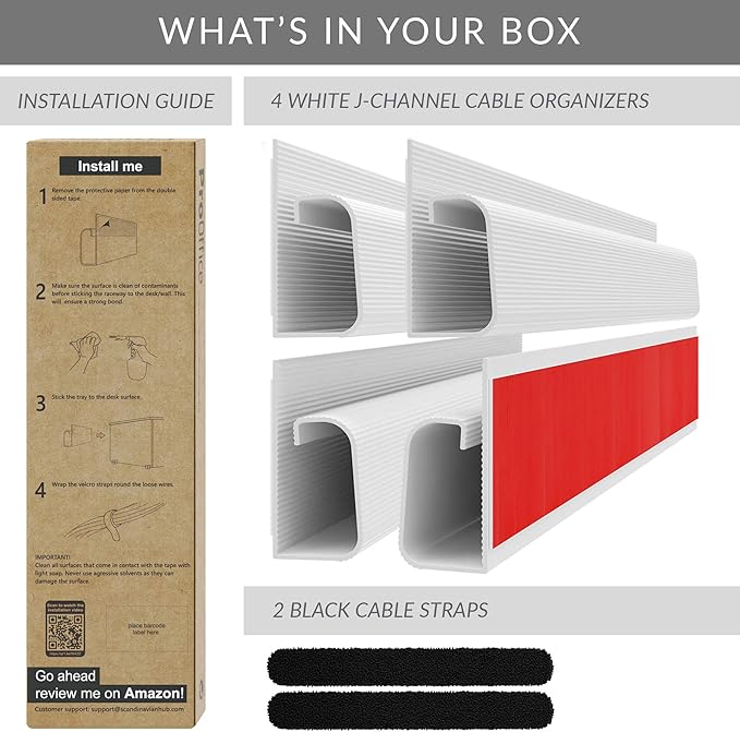 J Channel Cable Raceway Kit - Computer Desk Cable Management System - 4x16'' White Under Table Cable Management Trays for Office and Home